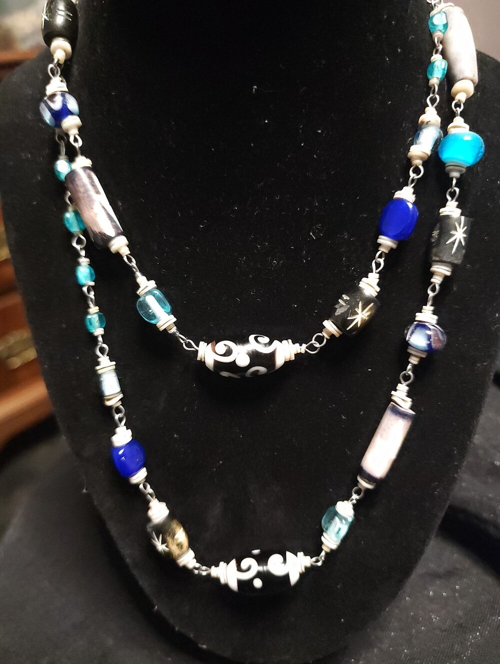 Vintage Boho Whimsigoth Bead Necklace Carved Bone Horn Lampwork Glass Celestial